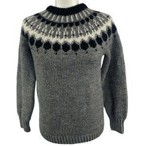 Hand Knit Style Sweater Fair Isle Pullover Alpine Cardigan Black Grey White S